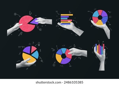 Data infographic. Hand with info diagram. Art chart. Business analysis. Halftone shapes and arrows. Contemporary poster design. Financial infochart. Abstract elements set. Vector garish background