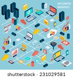 Data infographic isometric set with data center and network elements vector illustration