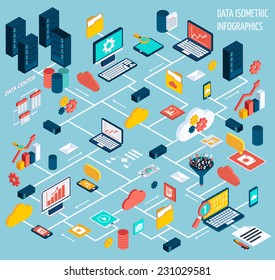 Data Infographic Isometric Set With Data Center And Network Elements Vector Illustration