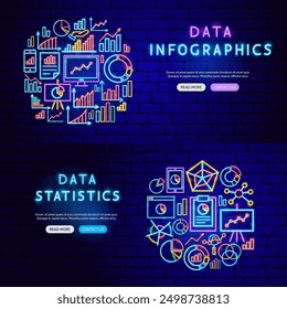 Data Infographics Neon Banners. Vector Illustration of Analytics Promotion Concept.