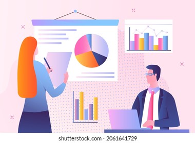 Data inform concept. Girl and man evaluating charts. Strategy development, analytical department