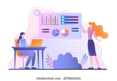 Data inform illustration. Employees analyze knowledge. Marketing research, analytical department. Workflow, evaluation of numbers, indicators of firm growth. Cartoon flat vector illustration