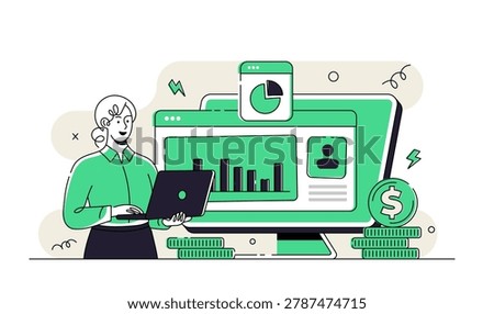 Data and information displayed on dashboards, SEO marketing advertising analytics vector illustration concept, Marketing analytics, Market research, Business Analysis