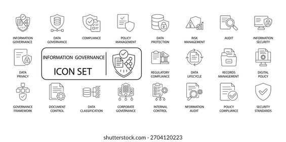 Data and Information Governance Vector Icons Set. Compliance, Privacy, Security, Risk Management, Audit, and Policy Line Art.