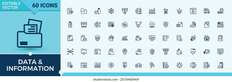 Data  Information linear icon. Containing compute, info, mobile, connection, security, statistic, datum and more. Perfect for logos and  Vector. line and solid icons.