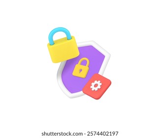 Data information security settings protection technology 3d icon realistic vector illustration. Personal database datum privacy protect padlock and shield safety secure access communication