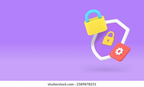 Data information security settings protection technology banner copy space vector illustration. Personal database datum privacy protect padlock and shield safety secure access communication