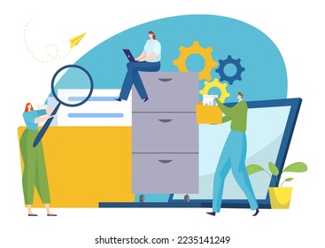 Data information storage, vector illustration, flat tiny man woman character worker with document file in folder, archive system in drawers.