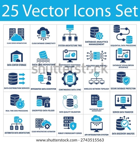 Data infrastructure and database management solid icons set. Collection of cloud server infrastructure, database analytics management, data center storage, secure database protection icons.
