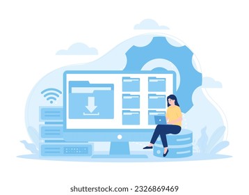 Data input activities with folders and computers trending concept flat illustration