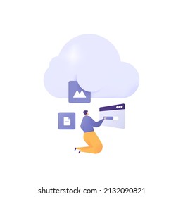 data input, file upload, cloud and online storage, data entry. a man backs up data or files to online storage. backup, database, server. flat cartoon illustration. concept design. landing page