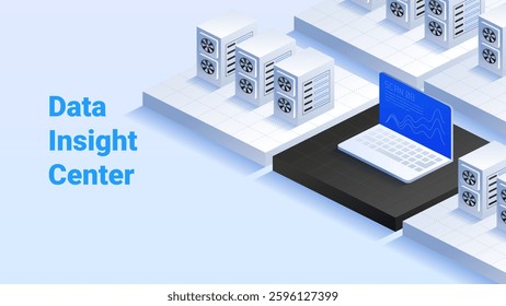 Data Insight Center. High-tech data center. In-depth data analysis. Comprehensive monitoring systems. Enhanced information management. Vector isometric illustration