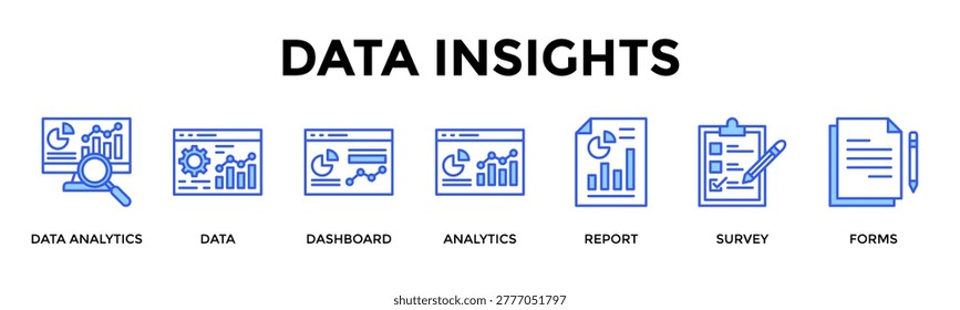 Data Insights Banner Web Icon Set Collection Pack Vector Illustration Concept Containing Data Analytics, Data, Dashboard, Analytics, Report, Survey, Forms