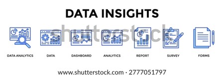 Data Insights Banner Web Icon Set Collection Pack Vector Illustration Concept Containing Data Analytics, Data, Dashboard, Analytics, Report, Survey, Forms