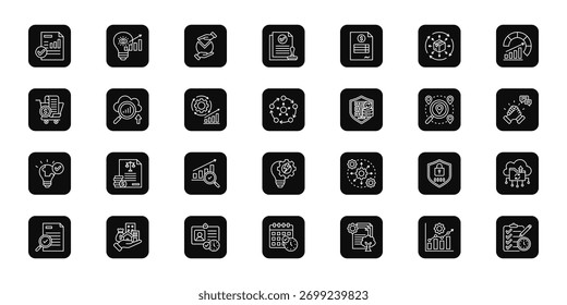 Datos e información   Conjunto coherente de iconos vectoriales minimalistas que representan ideas clave con claridad visual