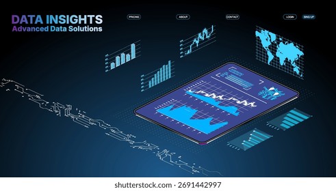 Data insights displayed on a tablet with graphs and maps in a dark background showcasing advanced data solutions
