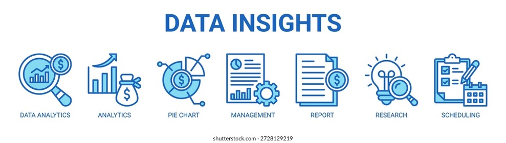 Data Insights Web-Banner-Symbol Vektorgrafik-Konzept mit Symbol für Datenanalyse, Analyse, Kreisdiagramm, Management-Bericht, Finanzbericht, Forschung und Planung.