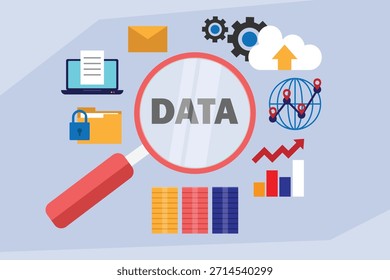 Data Inspection and Business Analytics: Global Information Security and Strategic Analysis 2d flat vector illustration