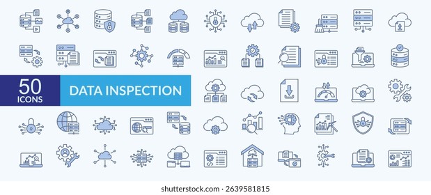Data inspection icon collection set with data variety, network security, cloud storage, server performance, cloud sync