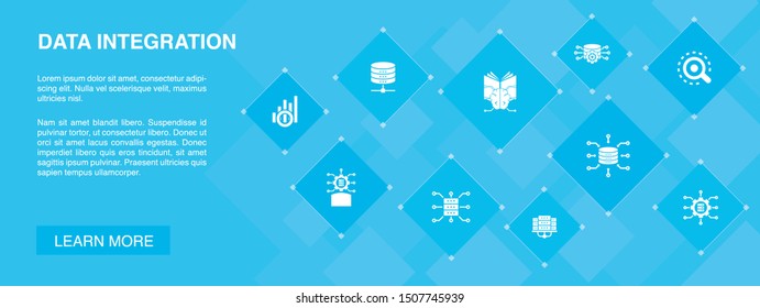 Data integration banner 10 icons concept.database, data scientist, Analytics, Machine Learning icons