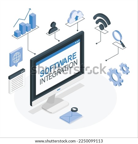 Data integration business internet technology concept. Mixed media. Bigdata integrated 3d web icons. Digital network isometric interact concept. Connected graphic design dot and line system.