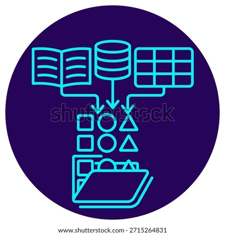 Data Integration Icon. Minimalistic neon outline on a dark blue round background. A stylish vector illustration showing data flowing from multiple sources (database, document, table) being transformed and loaded into a single system, symbolizing ETL process, data pipeline, and training data preparation