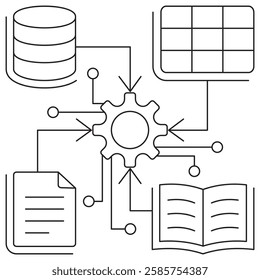 Data Integration icon. Simple outline monochrome black vector pictogram with thin lines on a transparent background. Line thickness is editable