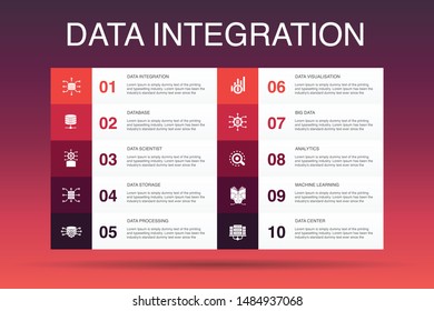 Data integration Infographic 10 option template.database, data scientist, Analytics, Machine Learning simple icons