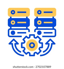 Icono de línea de integración de datos, símbolo de esquema para conectividad del sistema, unificación de información, flujo de trabajo digital, procesamiento de múltiples fuentes y sincronización automatizada. Icono de signo de Vector.