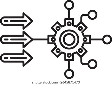Data Integration and Processing Concept with Arrows Merging into a Gear Icon for System Analysis