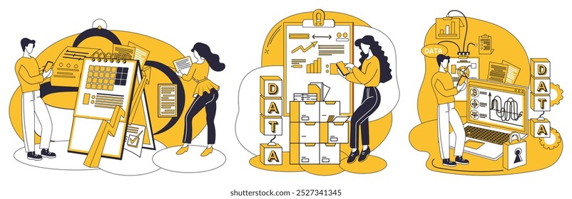 Data integration vector illustration. Data processing, craftsmans workshop, refines raw material into integrated insights Data integration metaphor, tapestry weaver, intertwines threads into cohesive