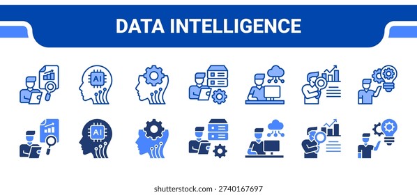 Data Intelligence Icon Collection, featuring Data analysis, Artificial intelligence, Machine learning, Database management, Cloud computing, Business analysis, Project management.