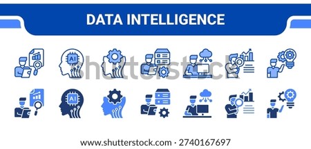 Data Intelligence Icon Collection, featuring Data analysis, Artificial intelligence, Machine learning, Database management, Cloud computing, Business analysis, Project management.