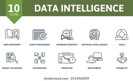 Symbolsatz für dünne Datenintelligenzlinie. Datenerkennung, Ereignisverarbeitung, Geschäftsstrategie, Künstliche Intelligenz, Agile, Ergebnisvalidierung, Integration, Disziplin, Bereitstellung, Affability-Symbole.