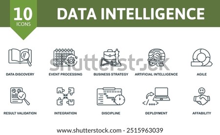 Data Intelligence thin line icon set. Data Discovery, Event Processing, Business Strategy, Artificial Intelligence, Agile, Result Validation, Integration, Discipline, Deployment, Affability icons.