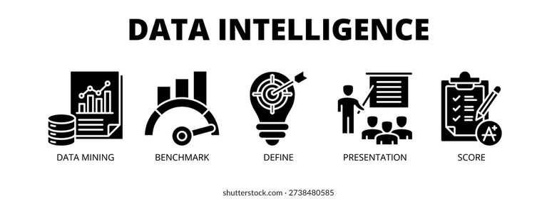 Data Intelligence web banner icon vector illustration concept for business analytics strategy with icons of data mining, benchmarking, defining metrics, presentation and performance score.