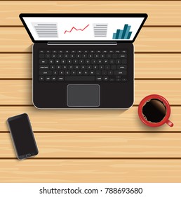 Data interface against high angle view of laptop with notepad and cup of coffee. vector illustrator