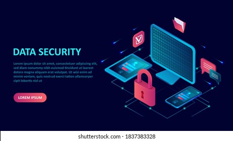 Data internet security and protection concept. Isometric vector of a computer, mobile devices with key lock