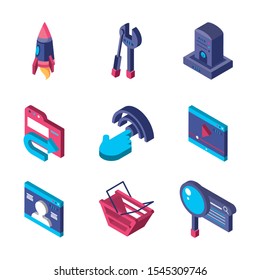 data internet technology isometric icons set vector illustration