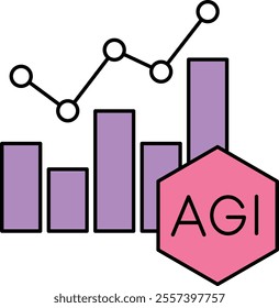 Data Interpretation Icon – Graphs and AGI Text, Highlighting Analysis and Understanding of Data Through AI. Vector illustration.