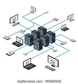 Data Isometric Set With Data Center And Network Elements Vector Illustration
