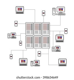 Data isometric set with data center and network elements vector illustration