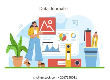 Data Journalism Or Data-driven Journalism Concept. Big Data Filtering And Analysis. Chart And Graph, Diagram Research. Data Based Storytelling. Flat Vector Illustration