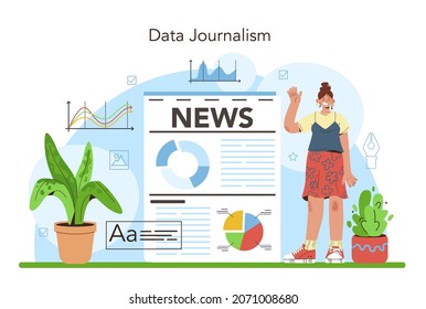 Data Journalism Or Data-driven Journalism Concept. Big Data Filtering And Analysis. Chart And Graph, Diagram Research. Data Based Storytelling. Flat Vector Illustration