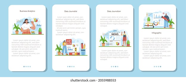 Juego de banners para aplicaciones móviles de periodismo de datos o periodismo de datos. Análisis y filtrado de grandes datos. Gráfico y gráfico, investigación de diagrama. Contar historias basadas en datos. Ilustración vectorial plana