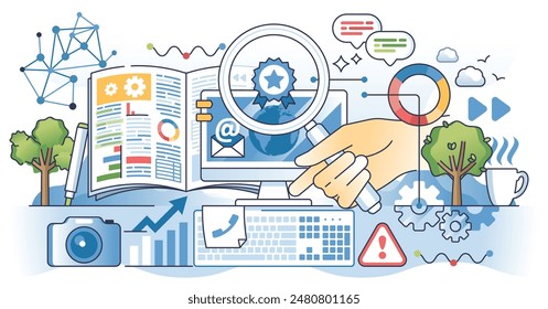 Data journalism with information analyze and research outline hands concept. Online literature analysis with investigation and fact checkup vector illustration. Searching for info in news website.