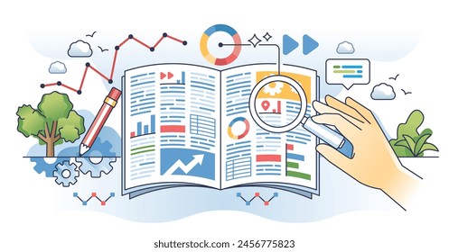 Data journalism and media article information research outline hands concept. Daily paper content fact check and reportage analytics vector illustration. Published newspaper article analyzing.