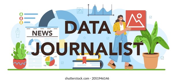 Encabezado tipográfico de periodista de datos. Análisis y filtrado de grandes datos. Gráfico y gráfico, investigación de diagrama. Contar historias basadas en datos. Ilustración vectorial plana