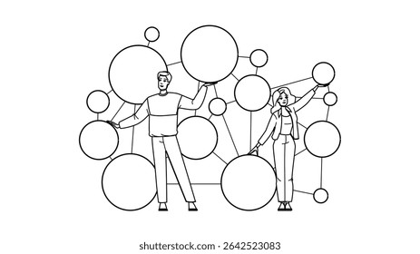 data knowledge graph vetor. pesquisa de informações, semântica do mecanismo, dados do relacionamento da entidade caracteres do gráfico de conhecimento. pessoas linha preta desenho ilustração