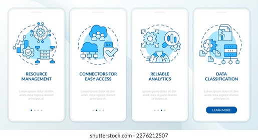 Data lake architecture blue onboarding mobile app screen. Walkthrough 4 steps editable graphic instructions with linear concepts. UI, UX, GUI template. Myriad Pro-Bold, Regular fonts used